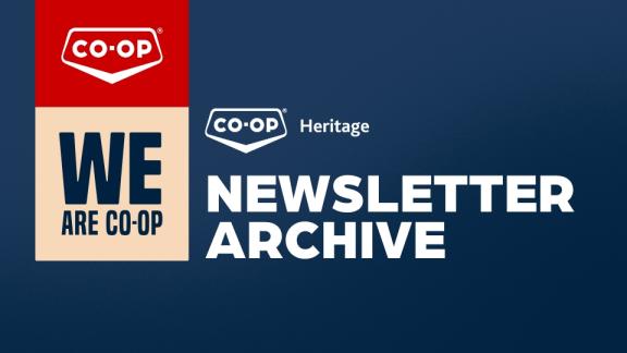 Co-op Heritage Newsletter Archive graphic with bold text 'WE ARE CO-OP' and Co-op logo on a blue background