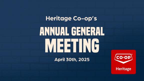 Image reads 'become a board member nominations open Dec 1st 2024 - Jan 30 2025' in navy blue script, Heritage Co-op logo is in the bottom right corner in red and black and the background is beige with navy blue accent
